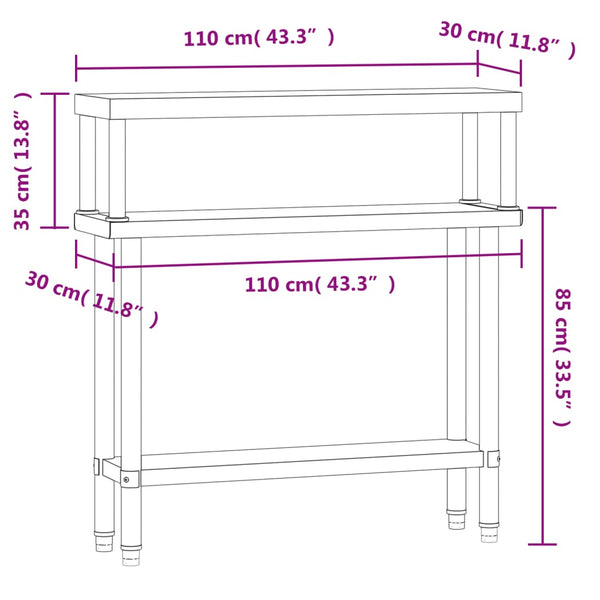 vidaXL Table de travail de cuisine avec plateau surélevé 110x30x120 cm Acier inoxydable