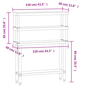 vidaXL Table de travail de cuisine avec plateau surélevé 110x30x150 cm acier inoxydable