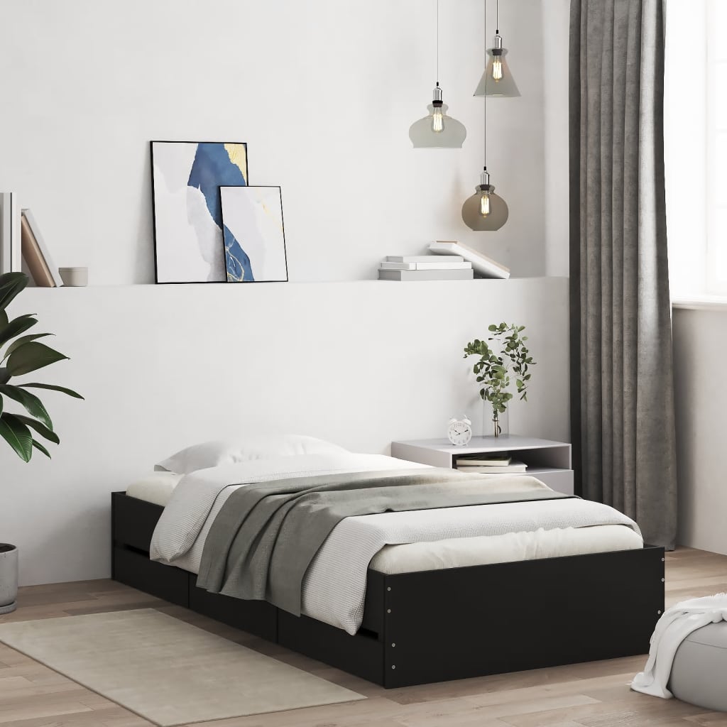 vidaXL Cadre de lit avec tiroirs noir 100 x 200 cm en bois d'ingénierie