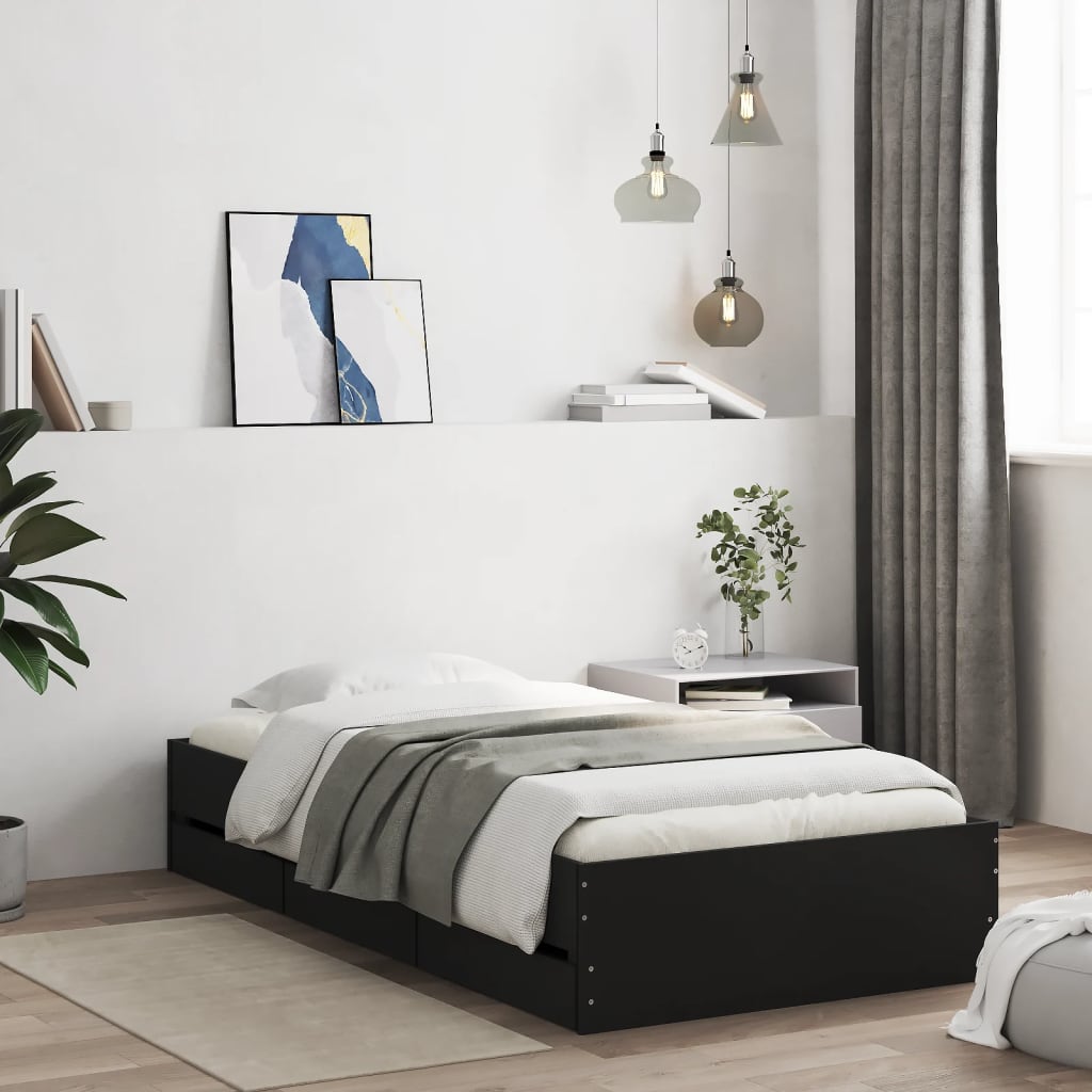 vidaXL Cadre de lit avec tiroirs Noir 90x200 cm Bois d'ingénierie