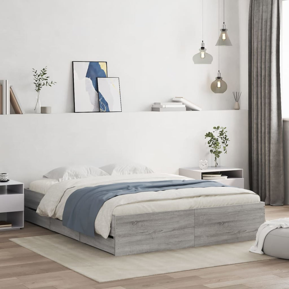 vidaXL Cadre de lit avec tiroirs Gris Sonoma 140x190 cm Bois d'ingénierie