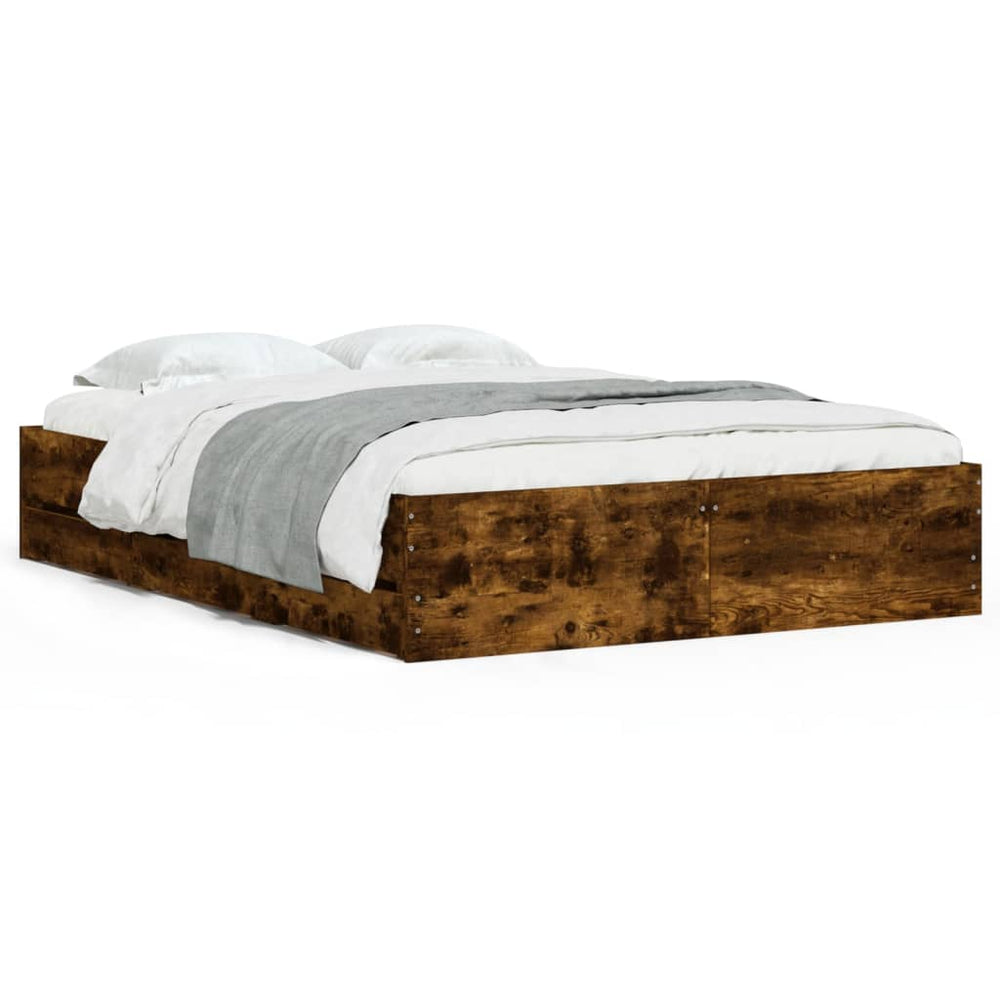 vidaXL Cadre de lit avec tiroirs chêne fumé 135x190 cm Bois d'ingénierie