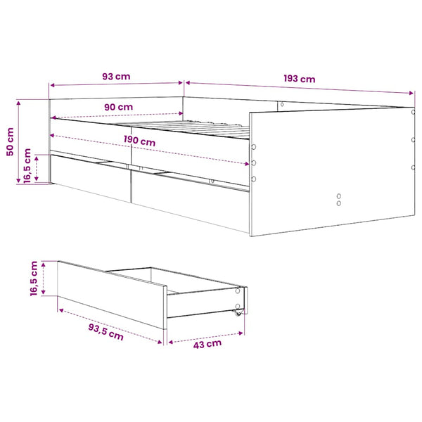 vidaXL Bed Frame with Drawers Smoked Oak 90x190 cm