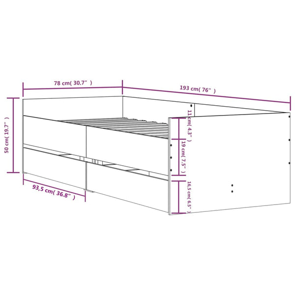 Bett mit Schubladen 75x190 cm Braun Eiche-Optik
