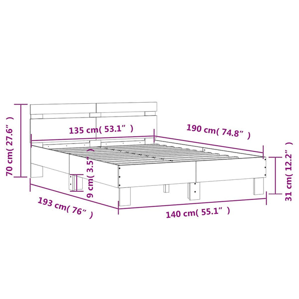 vidaXL Cadre de lit avec tête de lit aspect chêne marron 135x190 cm