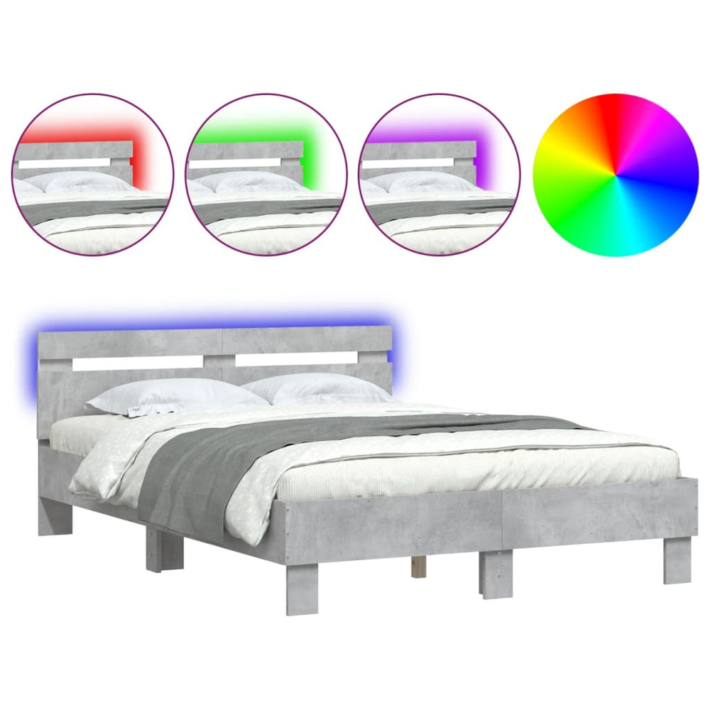 vidaXL Bed Frame with Headboard LED Lighting Concrete Gray 120x200 cm