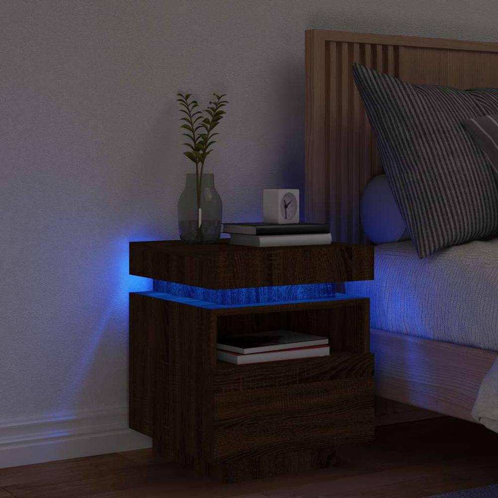vidaXL Bedside Cabinet with LED Lights Brown Oak Look 40x39x48.5 cm