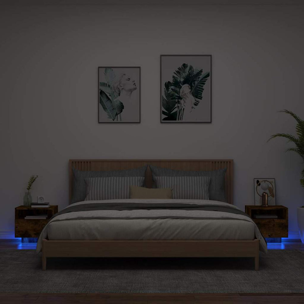 vidaXL Bedside Cabinets with LED Lights 2 pcs Smoked Oak 40x39x37 cm