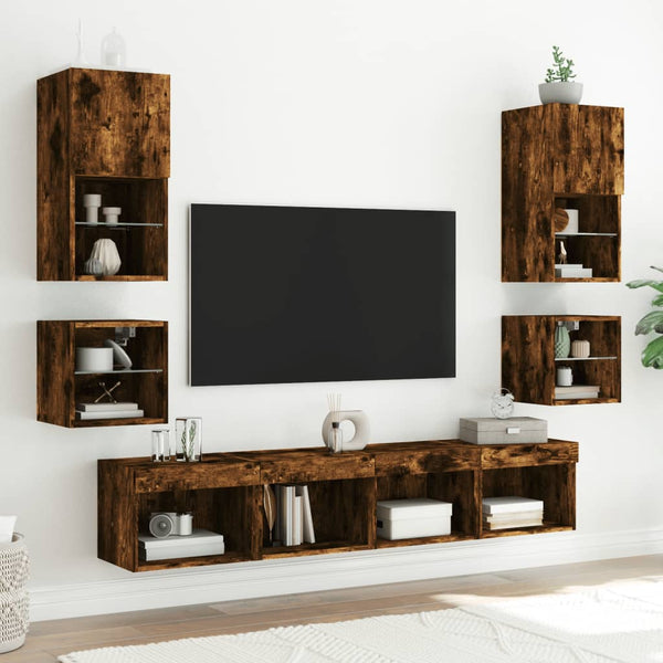 TV-Wandschränke mit LED Räuchereiche, 2er-Set