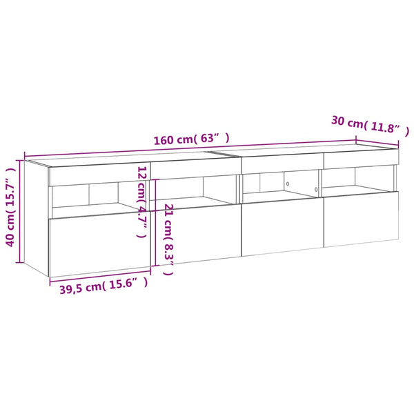 TV-Wandschränke mit LED, 2er Set, Weiß 80x30x40 cm