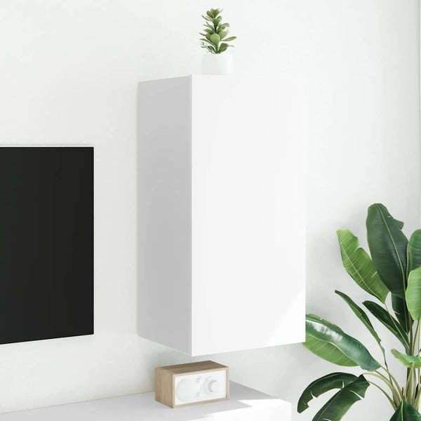 Weißer TV-Wandschrank mit LED-Beleuchtung