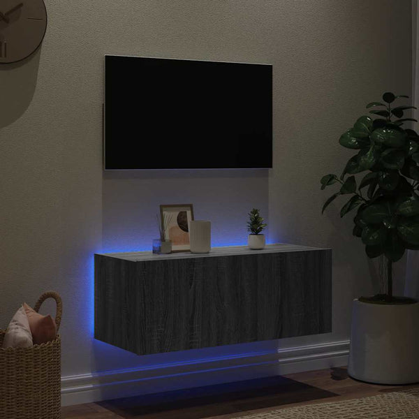 Grauer TV-Wandschrank mit LED-Beleuchtung