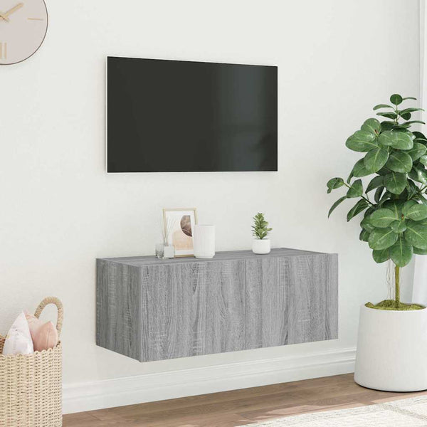 Grauer TV-Wandschrank mit LED-Beleuchtung
