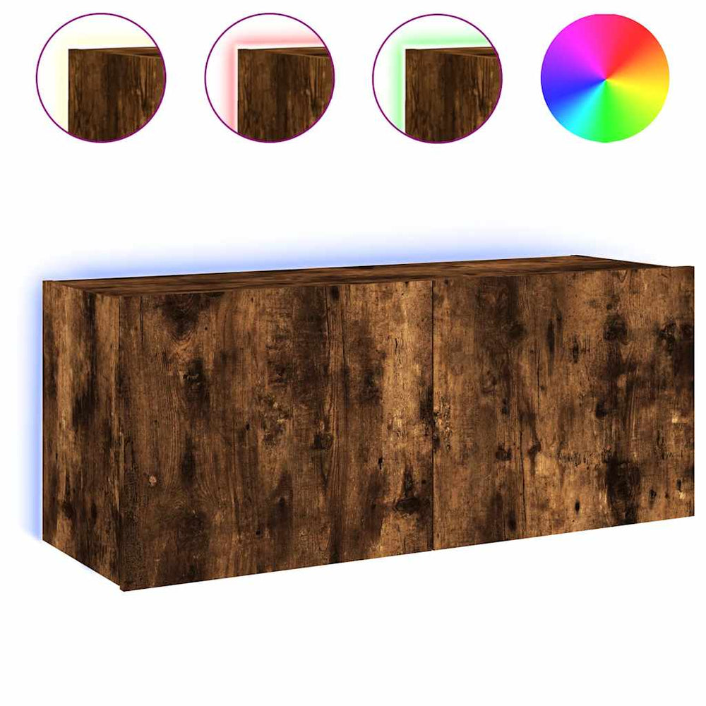 vidaXL Wall-Mounted TV Cabinet with LED Lights Smoked Oak 100x35x41 cm