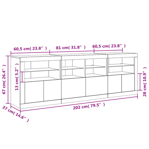vidaXL Sideboard with LED Lights Sonoma Oak 202x37x67 cm