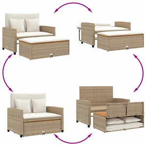 Gartensofa 2-Sitzer Beige Poly Rattan mit Kissen