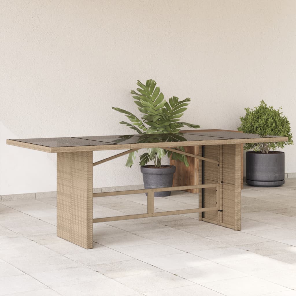 Beiger Gartentisch mit Glasplatte, 190 cm