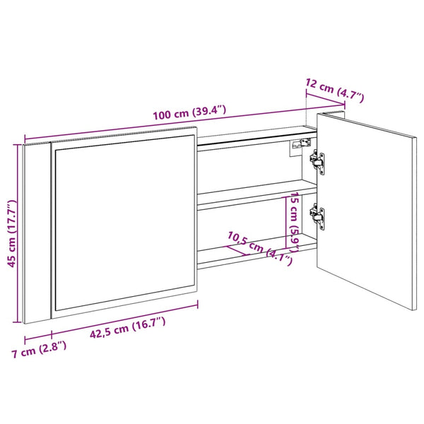vidaXL Armoire de toilette à LED chêne fumé 100x12x45 cm
