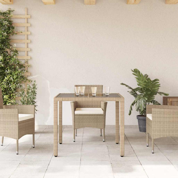 Beiger Gartentisch mit Glasplatte, 90x90 cm