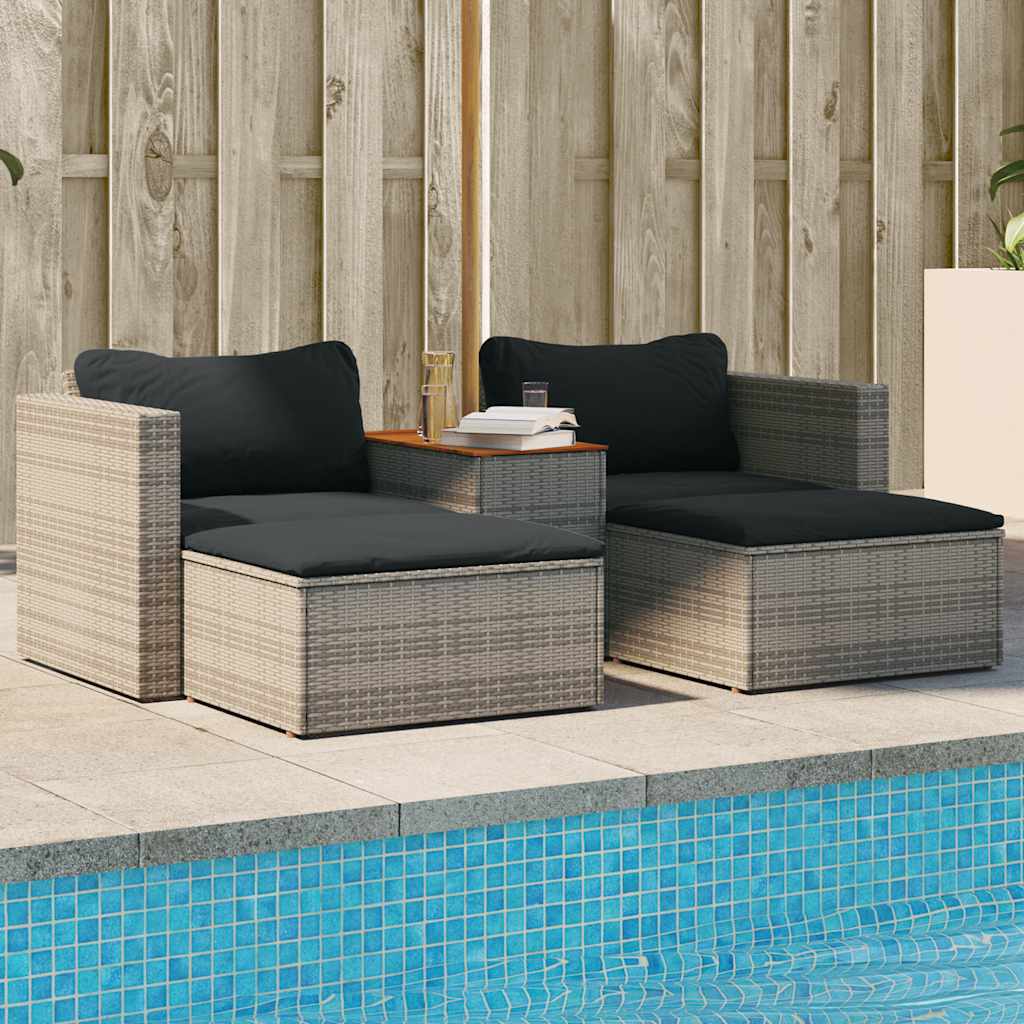 5-tlg. Garten Sofagarnitur Grau Poly Rattan Akazie