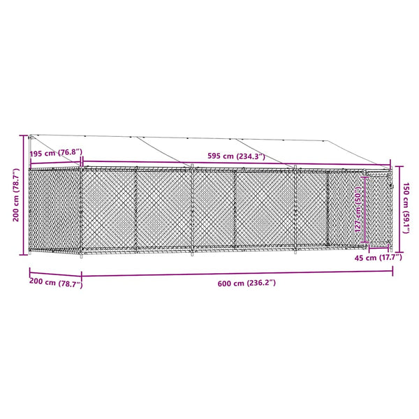 vidaXL Chenil avec toit et porte Gris 6x2x2 m Acier galvanisé