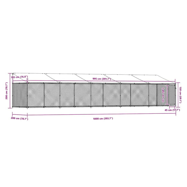 vidaXL Chenil avec toit et porte Gris 10x2x2 m Acier galvanisé