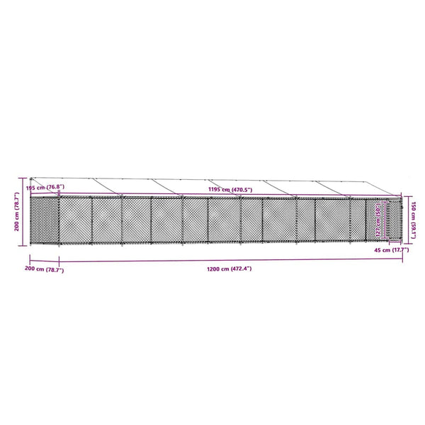 vidaXL Chenil avec toit et porte Gris 12x2x2 m Acier galvanisé