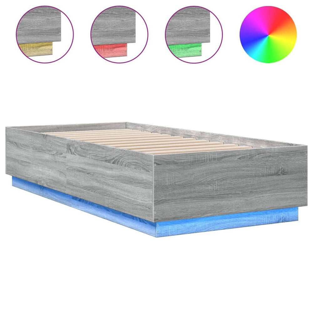 vidaXL LED Bed Frame Grey Sonoma 100x200 cm Engineered Wood