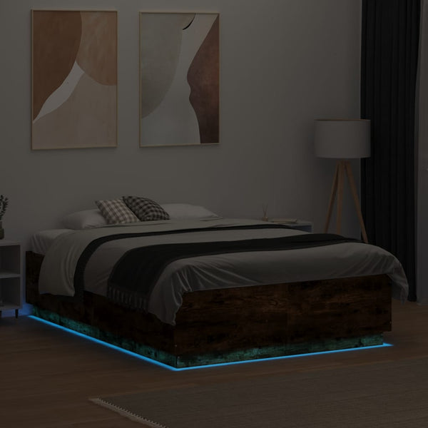 vidaXL Cadre de lit avec LED Chêne fumé 140x190 cm Bois d'ingénierie