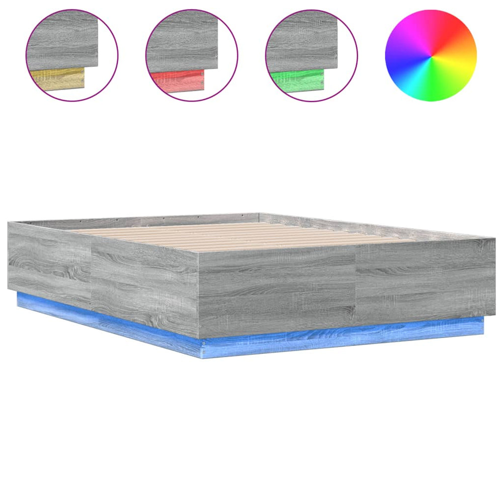 vidaXL LED Bed Frame Gray Sonoma 135x190 cm Engineered Wood
