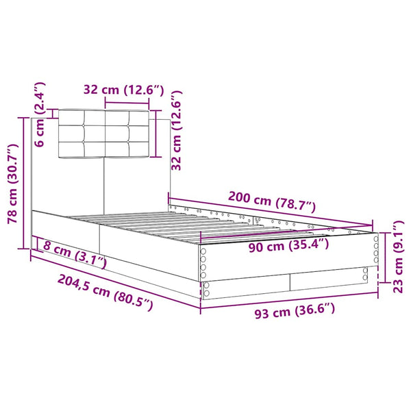 vidaXL Cadre de lit avec tête de lit Gris béton 90x200 cm Bois d'ingénierie