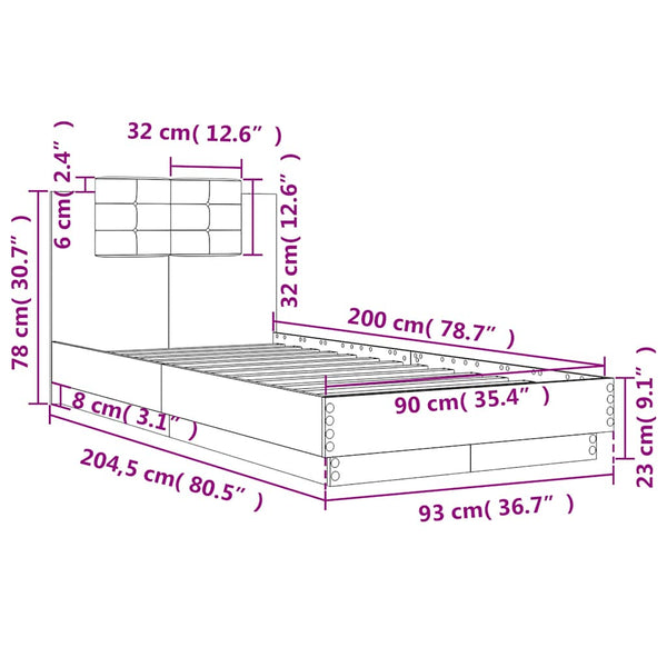 Bettgestell Räuchereiche 90x200 cm mit Kopfteil