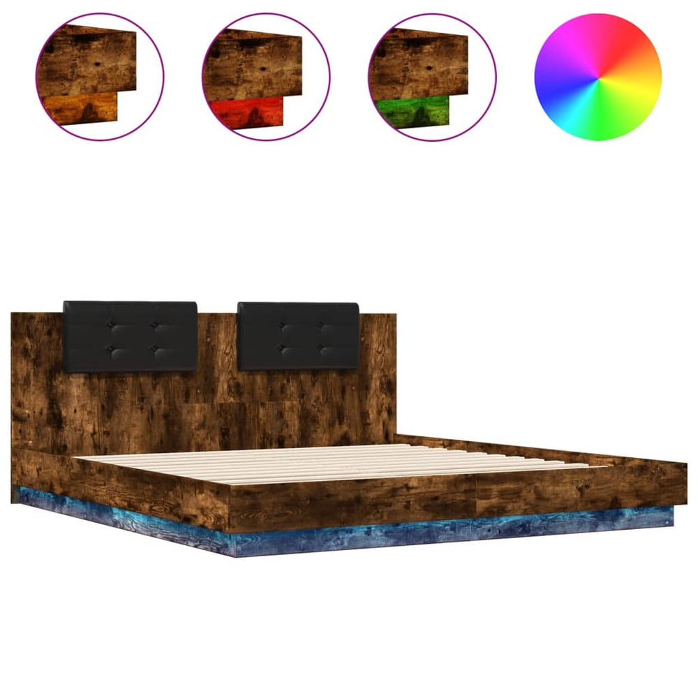 vidaXL Bed Frame with Headboard & LED Lights Smoked Oak 200x200 cm