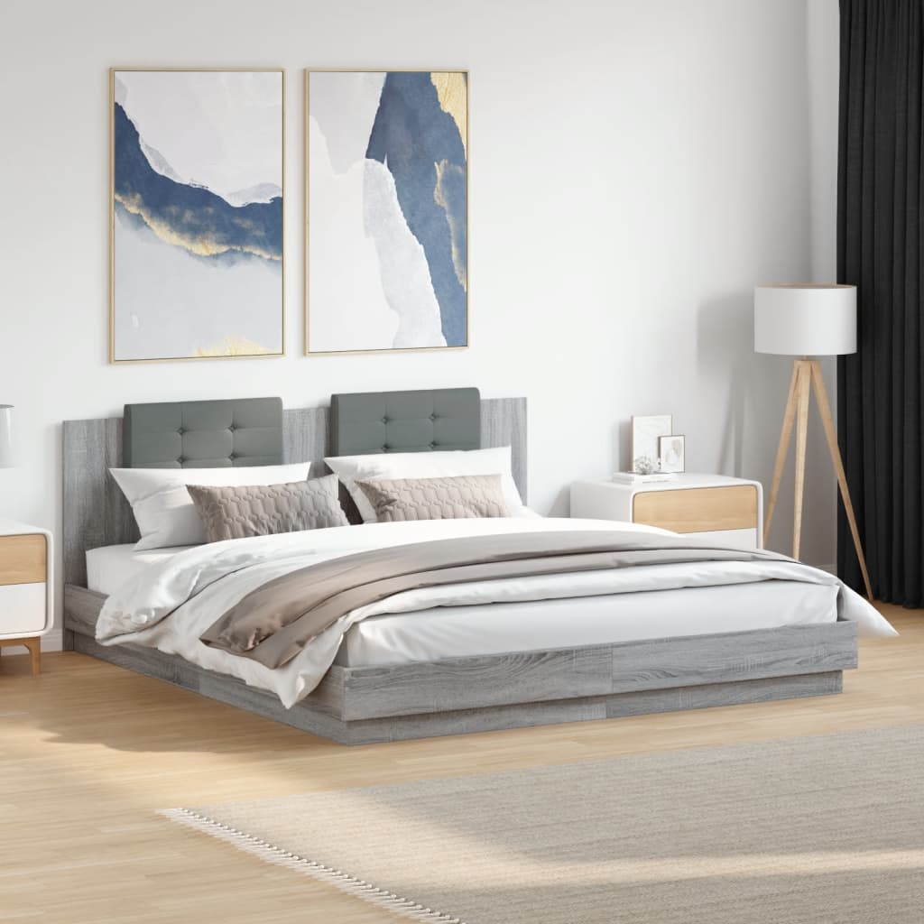 vidaXL Cadre de lit avec tête de lit et lumières LED Gris Sonoma 200x200 cm