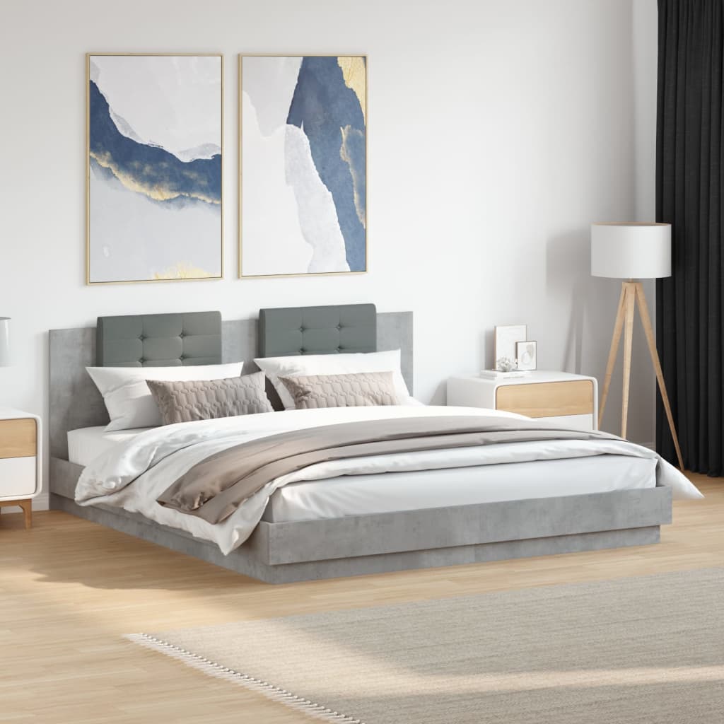 vidaXL Cadre de lit avec tête de lit et lumières LED Gris béton 180x200 cm