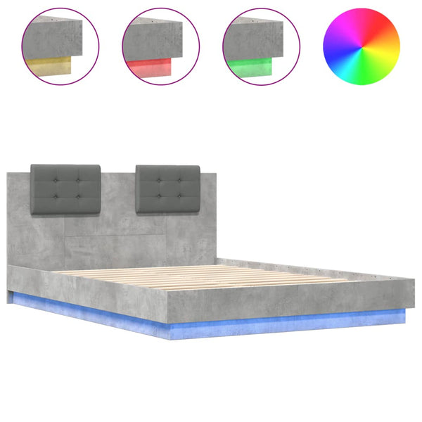 vidaXL Cadre de lit avec tête de lit et lumières LED Gris béton 150x200 cm