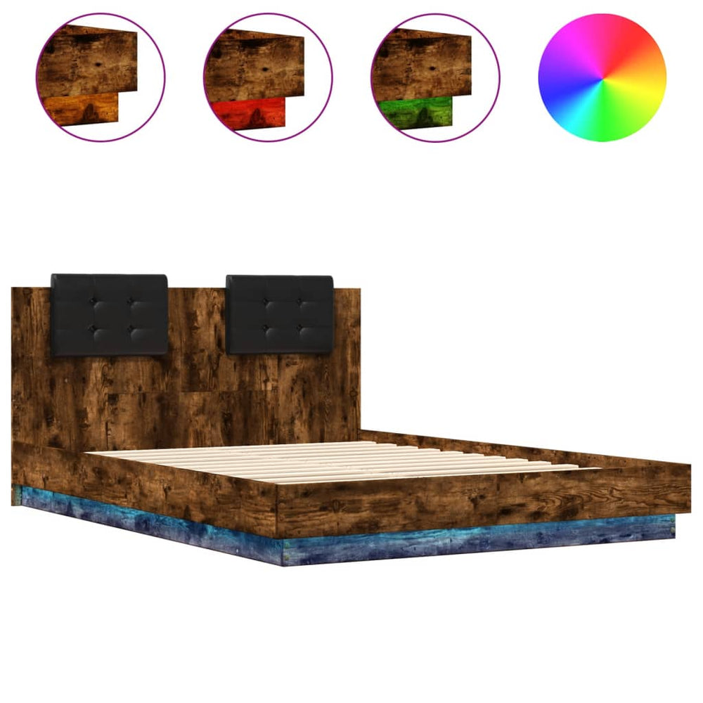 vidaXL Bed Frame with Headboard & LED Lights Smoked Oak 140x200 cm