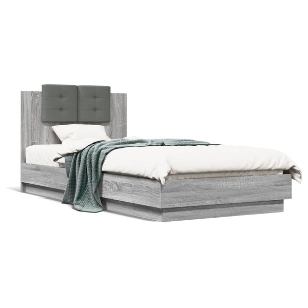 vidaXL Bed Frame with Headboard and LED Lights Gray Sonoma 90x200 cm