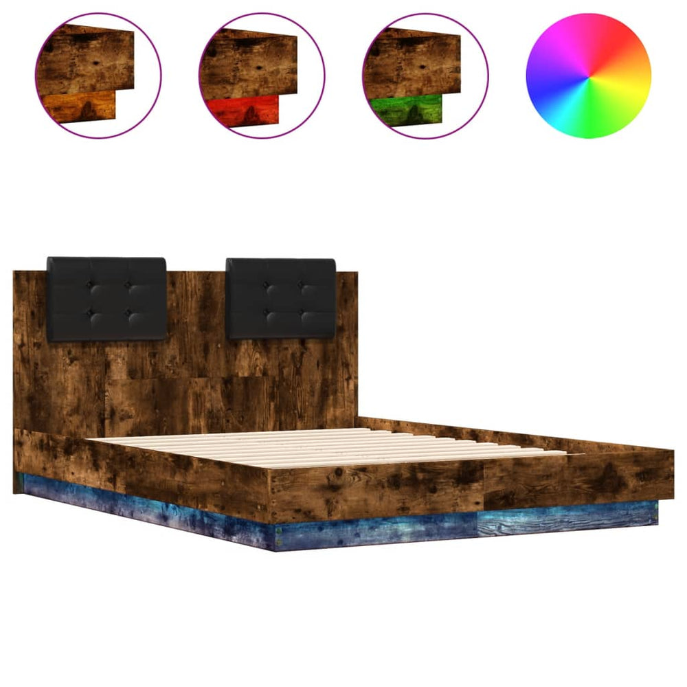 vidaXL Bed Frame with Headboard and LED Smoked Oak 120x190 cm