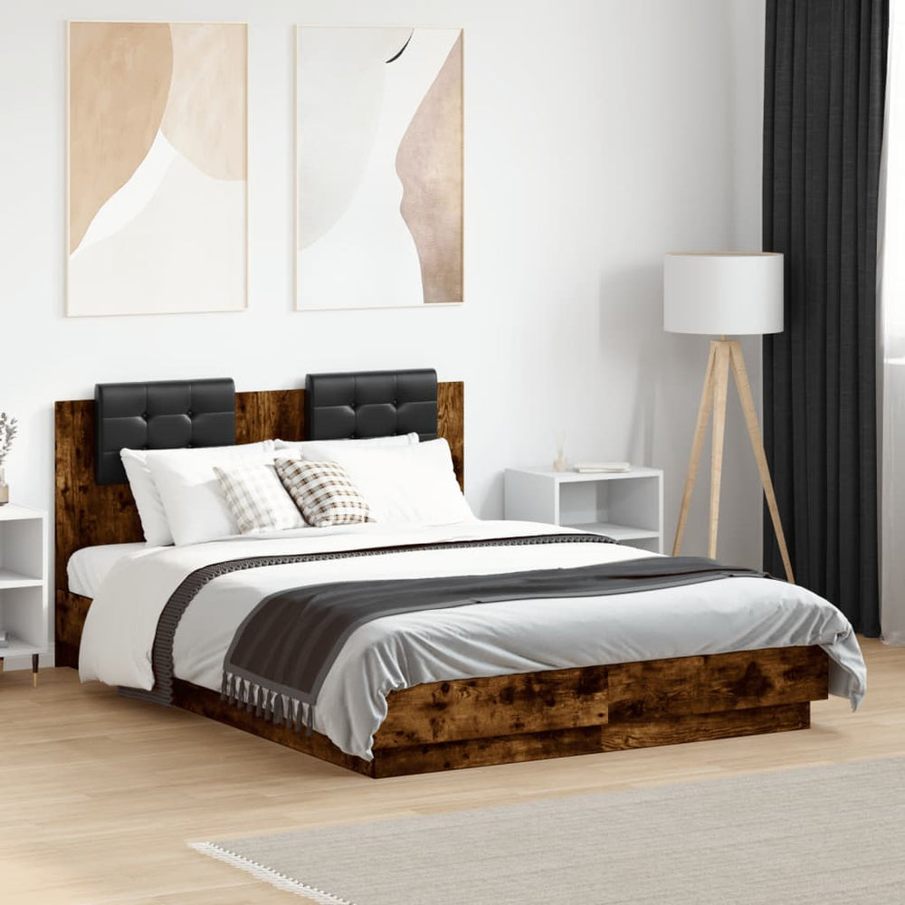 vidaXL Bed Frame with Headboard and LED Smoked Oak 120x190 cm