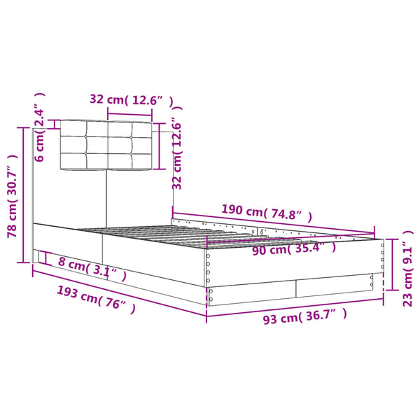 Bettgestell 90x190cm mit LED Sonoma-Eiche