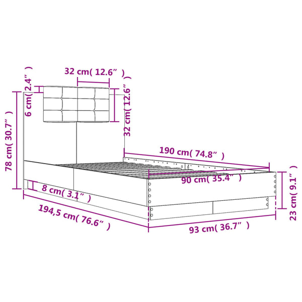 Bettgestell Räuchereiche mit LED 90x190 cm
