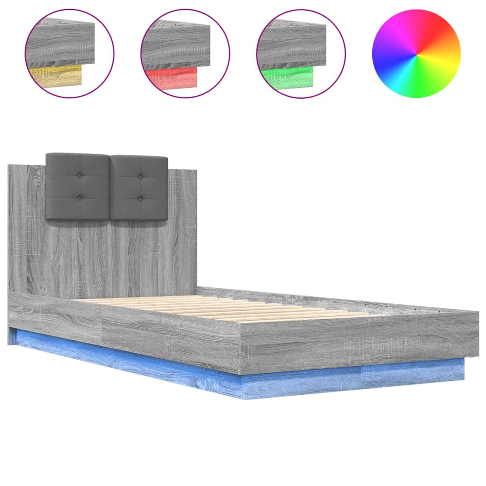 vidaXL Cadre de lit avec tête de lit et lumières LED Gris Sonoma 75x190 cm