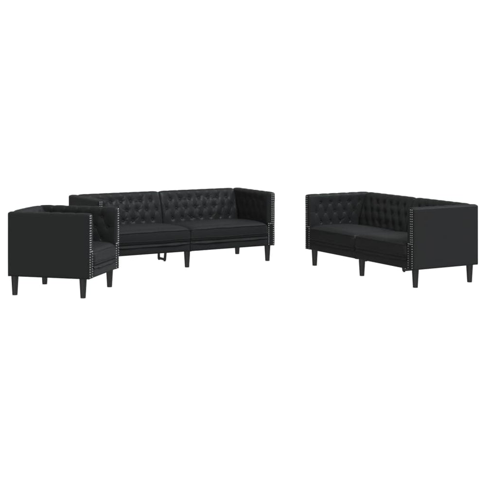 3-tlg. Chesterfield Sofa Set Schwarz Kunstleder