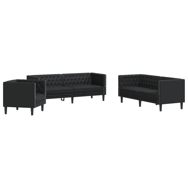 3-tlg. Chesterfield Sofa Set Schwarz Kunstleder