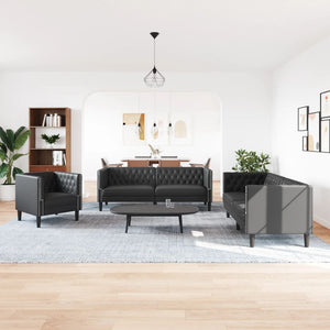 3-tlg. Chesterfield Sofa Set Schwarz Kunstleder