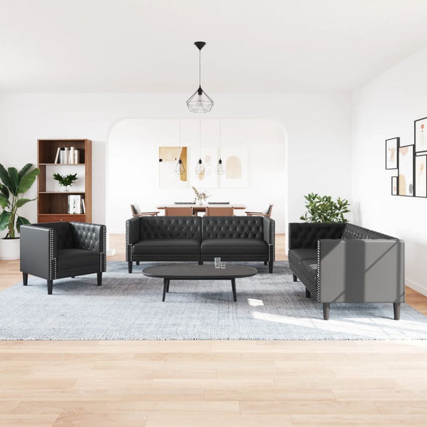 3-tlg. Chesterfield Sofa Set Schwarz Kunstleder