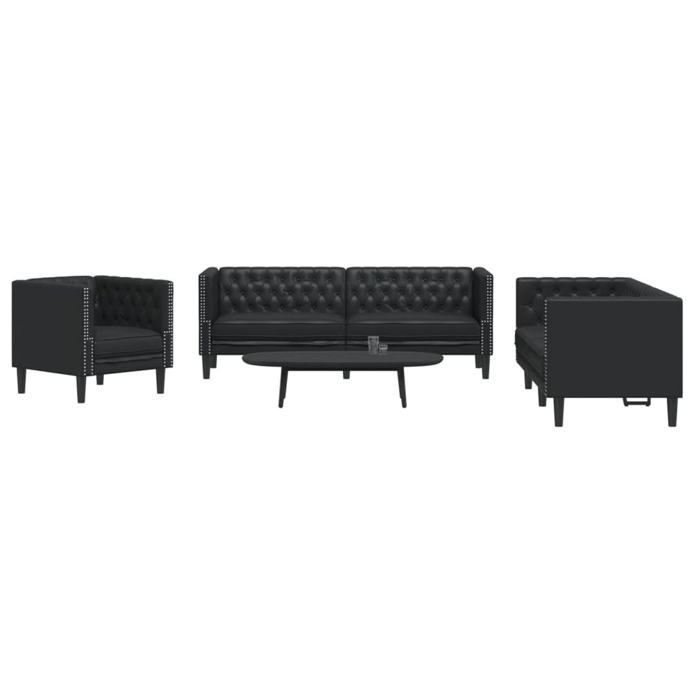 3-tlg. Chesterfield Sofa Set Schwarz Kunstleder