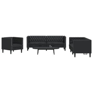 3-tlg. Chesterfield Sofa Set Schwarz Kunstleder