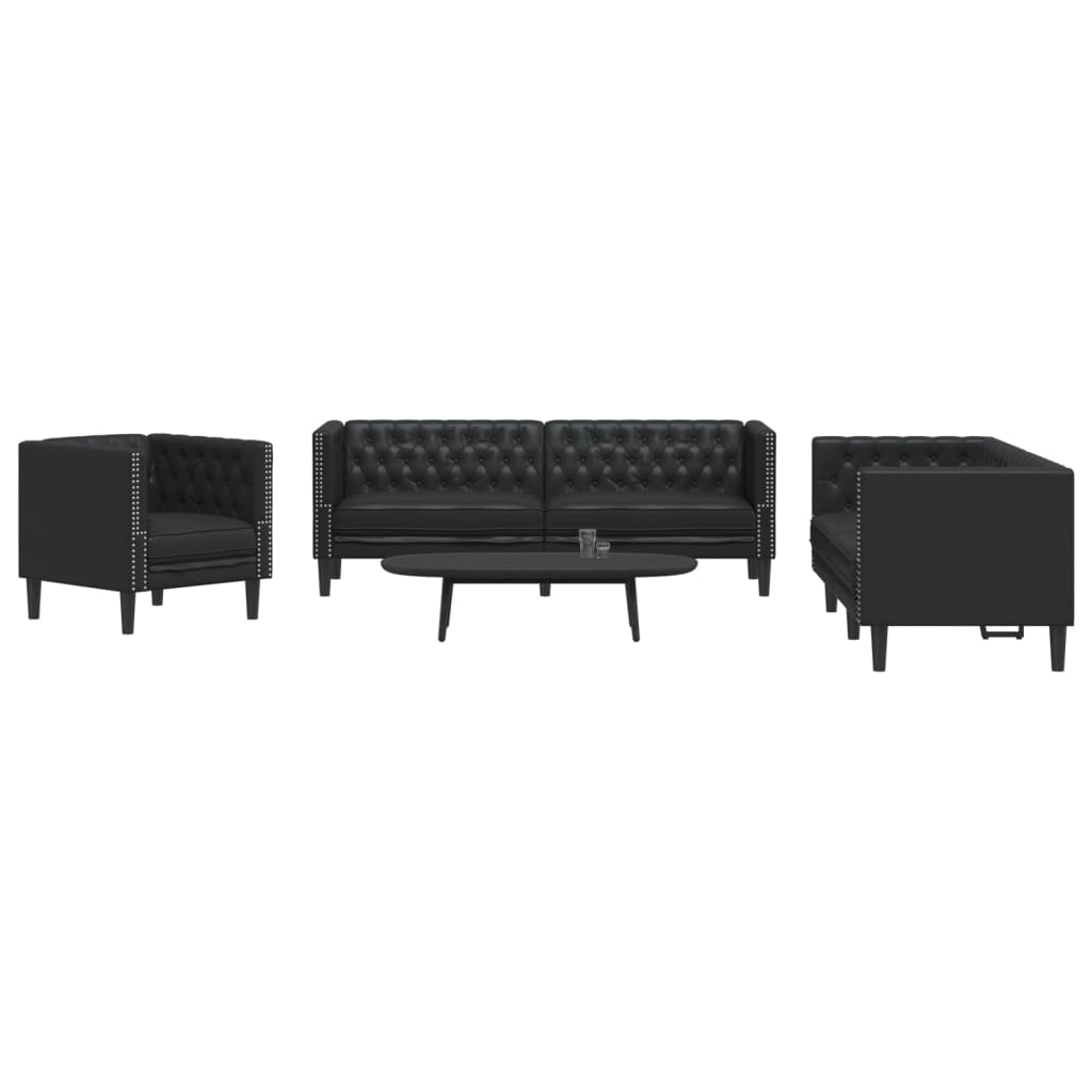 3-tlg. Chesterfield Sofa Set Schwarz Kunstleder